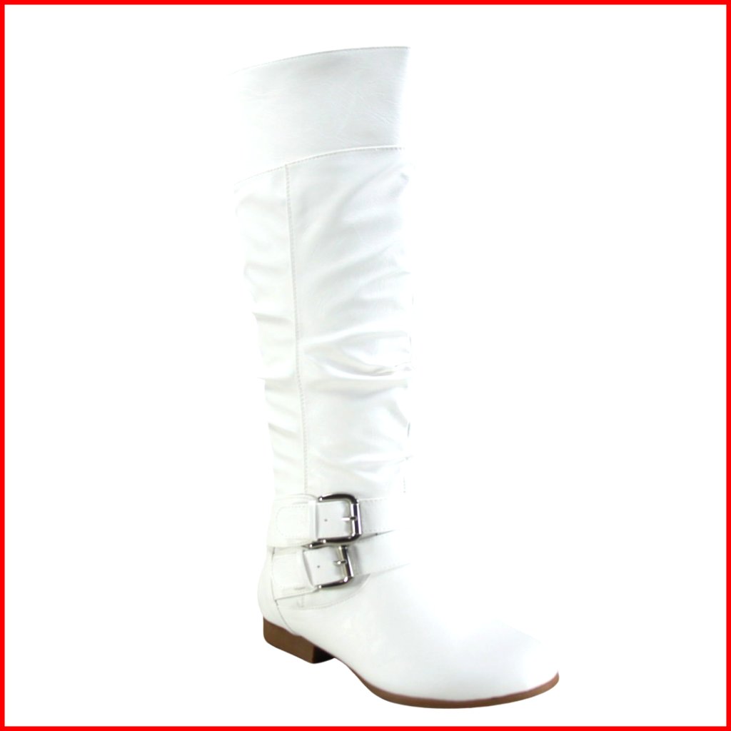 Women's Knee High Riding Boots Low Flat Heel Side Zip Buckle Winter Boots